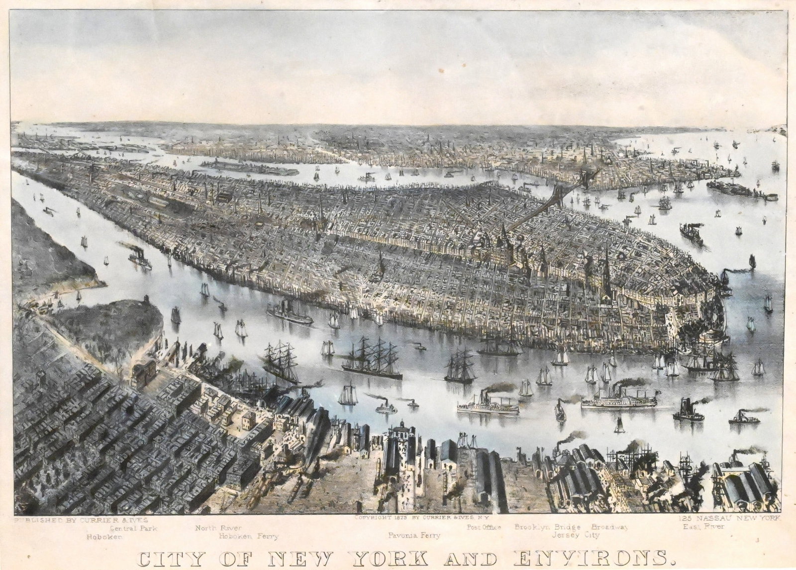Currier & Ives "City of New York and Environs", 1875: Currier & Ives "City of New York and Environs", 1875 Hand-tinted lithograph published by Currier & Ives, depicting a bird’s-eye view of New York City and surrounding areas Image size 8 1/2" x 13";