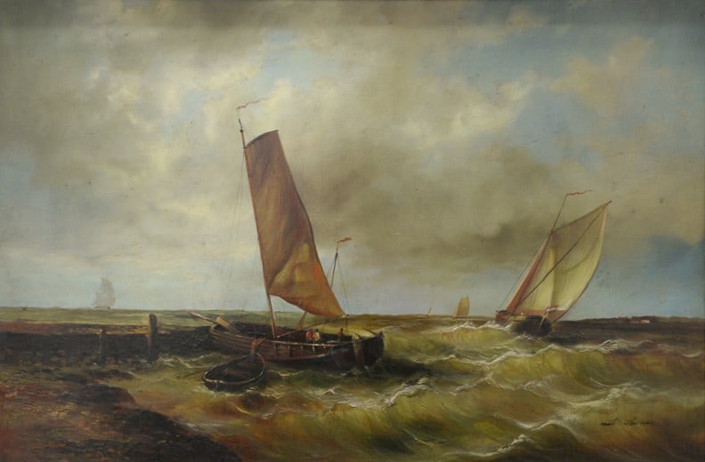 Matthew Thomas (British B.1943): Matthew Thomas (British B.1943) "Rough Seas" Oil on canvas seascape depicting boats off the coast Signed lower right Matt Thomas 24" x 36" canvas