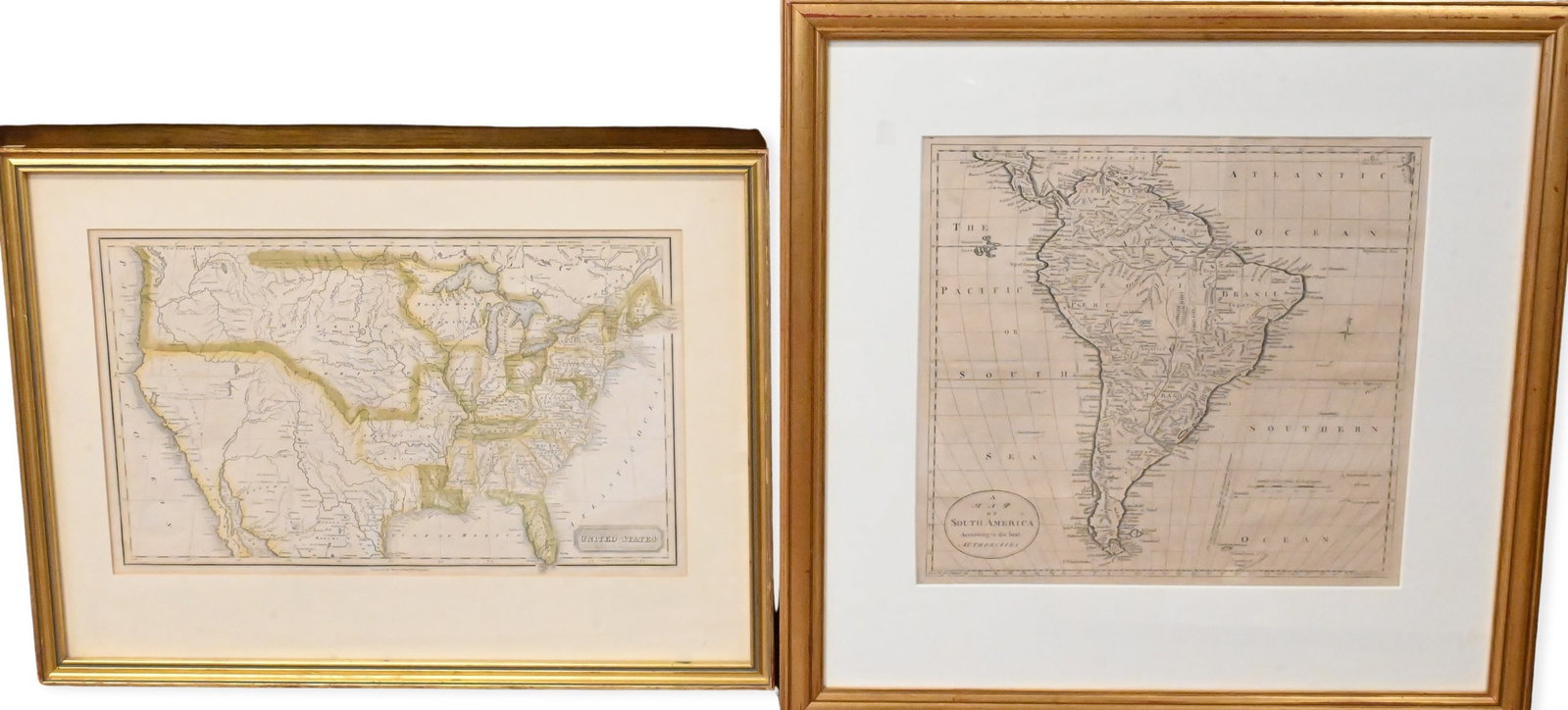 Three Early Framed Maps: Three Early Framed Maps to include Jedidiah Morse (American, 1761–1826), United States, 1828, hand-colored engraved map from Morse's School Geography, published by Richardson & Lord and Collins & Ha