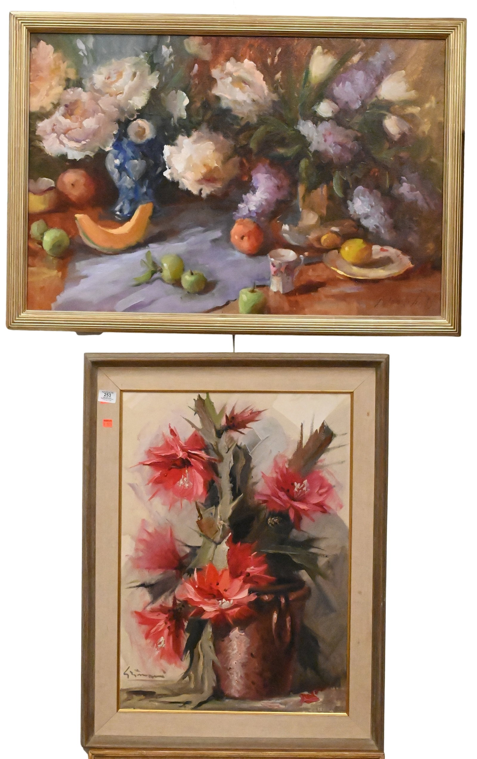 Four Decorative Still Lifes: Four Decorative Still Lifes to include Mary Dolph Wood (American 20th/21st Century) Two Bouquets of Flower, Cantaloupe and Lemons Oil on canvas Signed lower right Dolph Wood 27" x 39" frame Ian Woodne