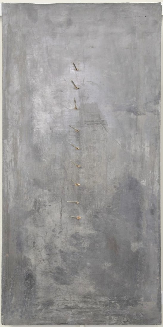 Daniel Gendron (American B.1959): Daniel Gendron (American B.1959) "Series Blanc Peches: Ecos", 1989 Mixed media acrylic, chalk, graphite, nails on wood board Signed verso 24" x 12" Provenance: Stux Gallery 155 Spring Street, New