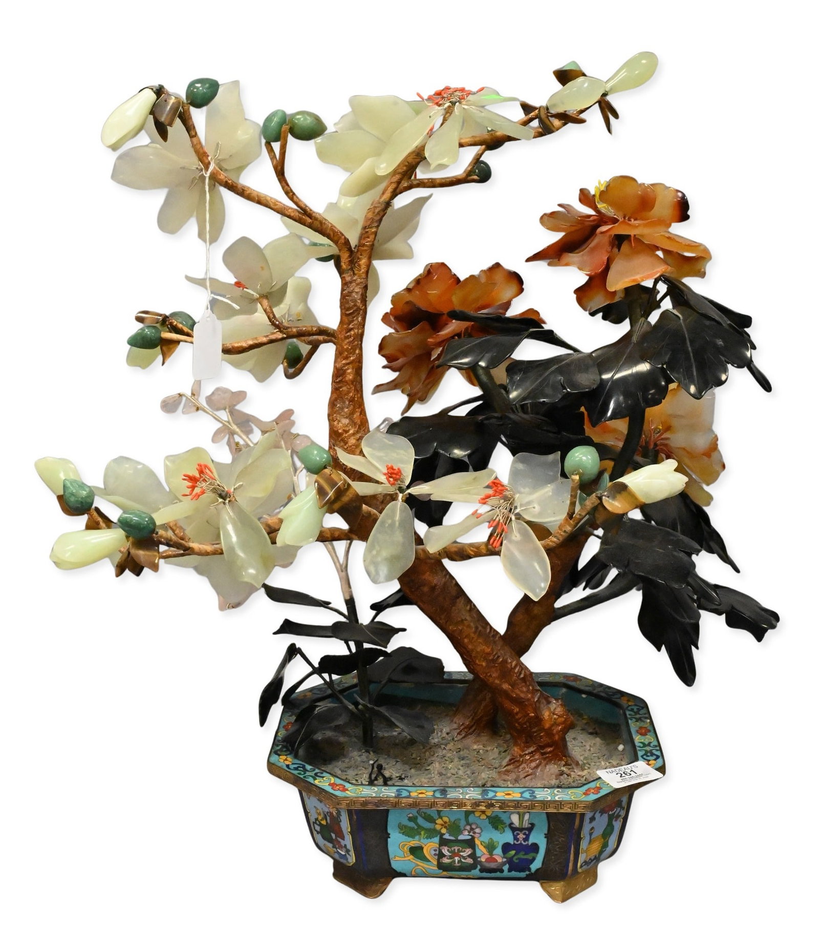 Chinese Hardstone Bonsai Tree in Cloisonne Planter: Chinese Hardstone Bonsai Tree in Cloisonne Planter Large Chinese hardstone bonsai tree composed of carved semi-precious stones set in a rectangular cloisonne enamel planter height 23 inches