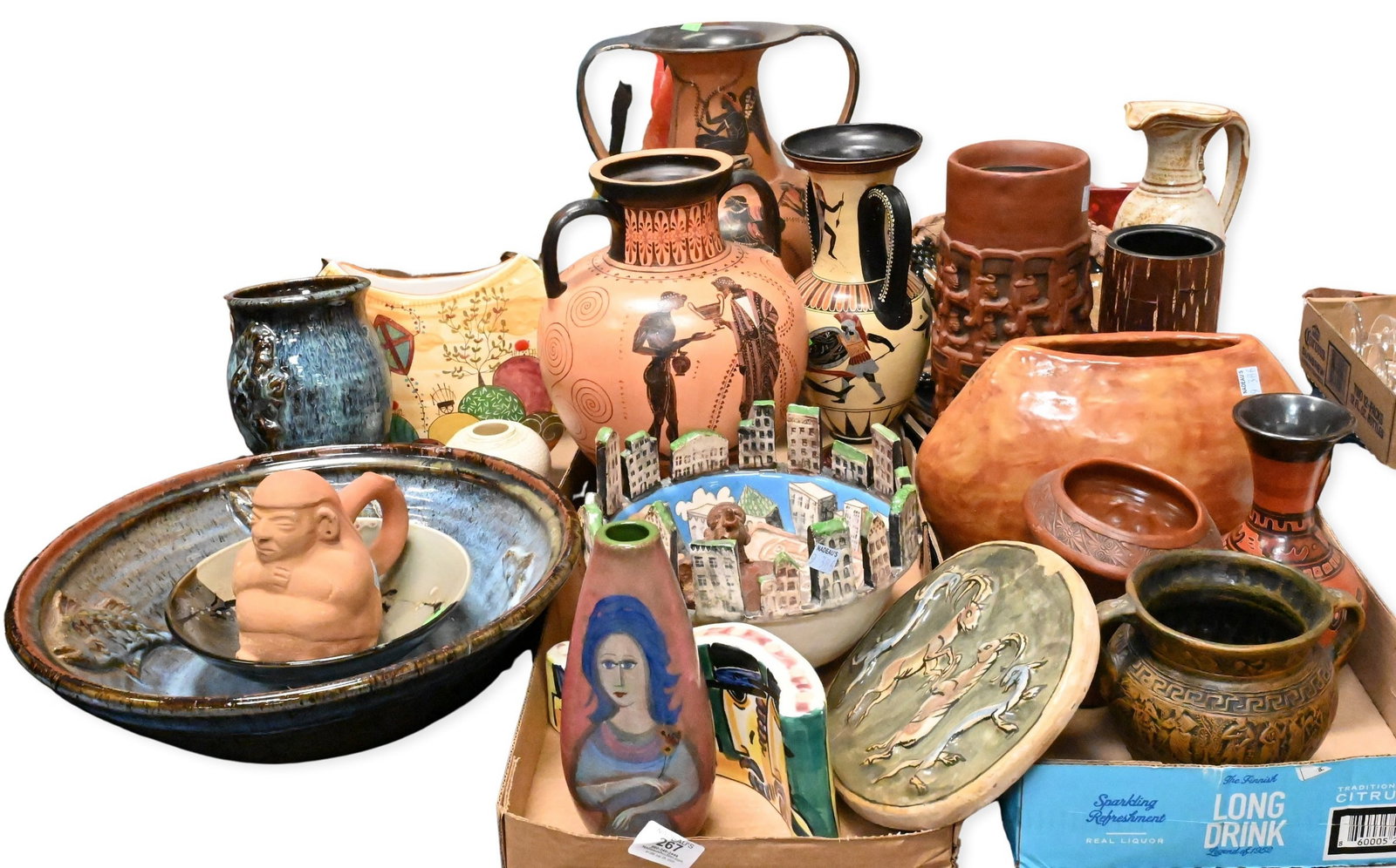 Six Box Lots of Studio Pottery and Museum Reproduction Vessels: Six Box Lots of Studio Pottery and Museum Reproduction Vessels Including a signed NISHA 1996 art pottery ceramic cityscape bowl titled Electricity, a ceramic menorah by Turov, a Tillin portrait vase, 