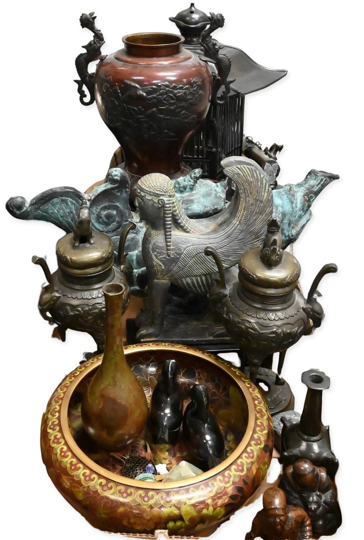 Two Box Lots of Asian Bronze, Metalwork and Decorative Articles: Two Box Lots of Asian Bronze, Metalwork and Decorative Articles Including a patinated bronze-tone baluster vase having dragon form handles and relief floral decoration, pair of tripod incense burners,