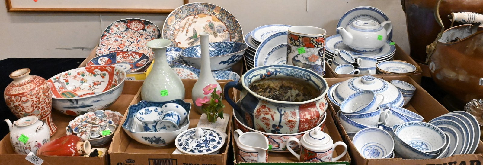 Eight Box Lots of Asian Porcelain and Chinese Export Style Wares: Eight Box Lots of Asian Porcelain and Chinese Export Style Wares comprising blue and white tablewares, Imari and famille rose decorated plates and bowls, teapots, cups and saucers, serving pieces, vas