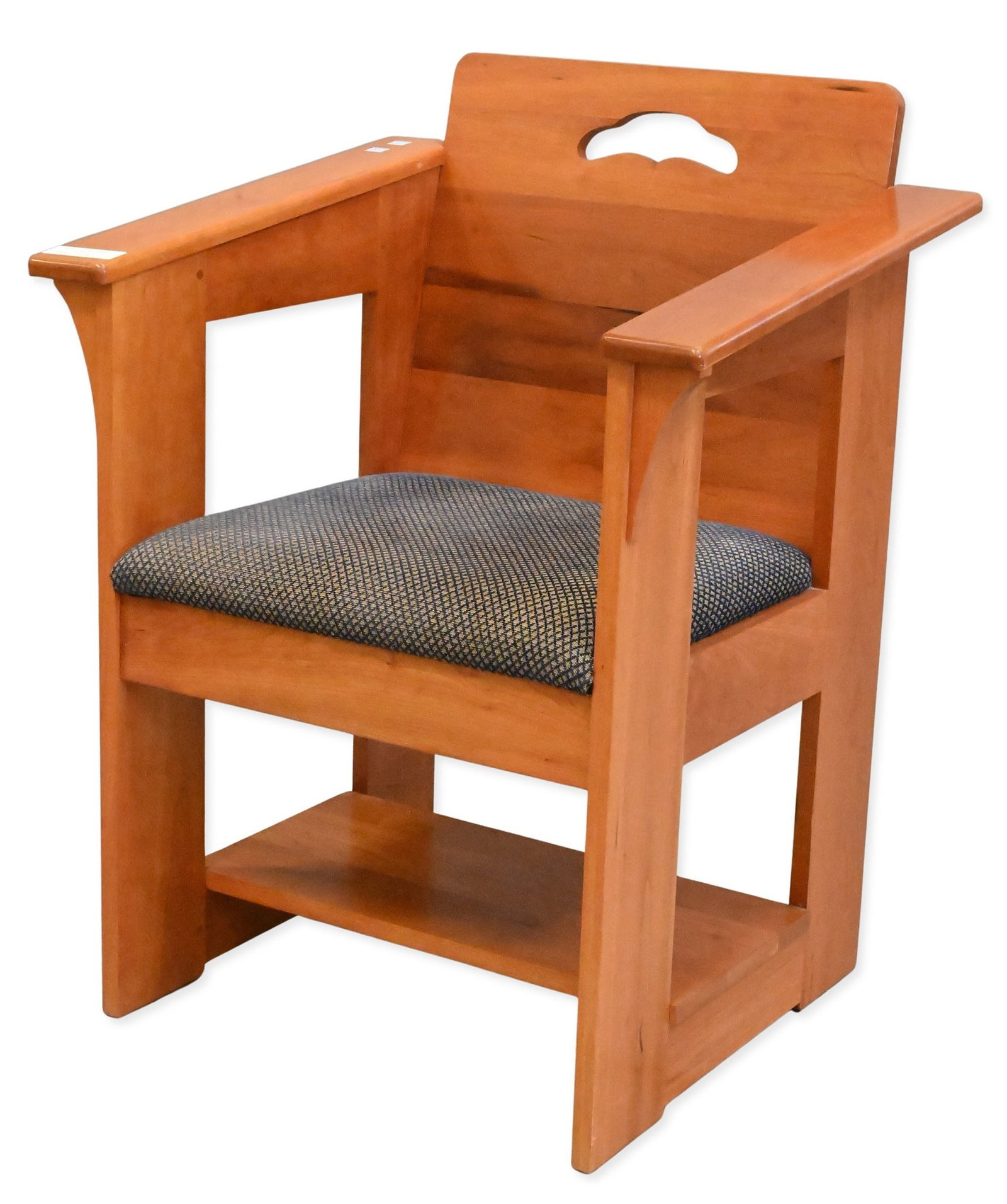 Charles Limbert for Stickley Furniture Cherry Cafe Chair: Charles Limbert for Stickley Furniture Cherry Cafe Chair Arts and Craft arm chair featuring a shaped back, open arms, and upholstered seat height 34 inches, width 26 inches, depth 23 inches