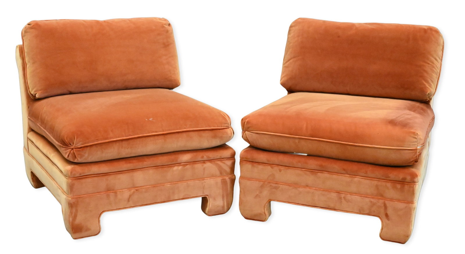 Pair of Drexel Heritage Orange Upholstered Lounge Chairs: Pair of Drexel Heritage Orange Upholstered Lounge Chairs height 28 inches, width 30 inches, depth 35 inches