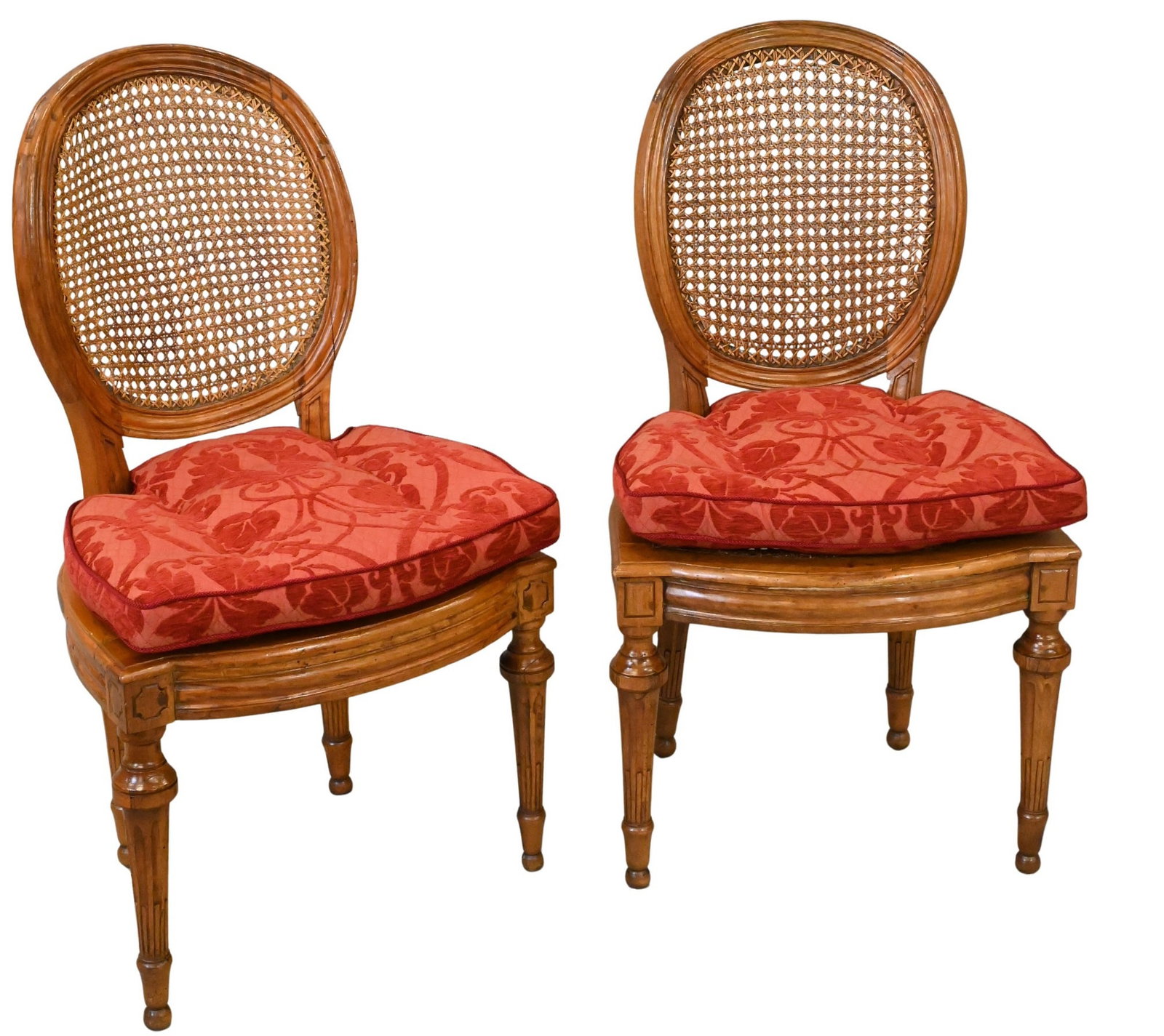 Pair of Louis XVI Caned Side Chairs: Pair of Louis XVI Caned Side Chairs having custom upholstered seat cushions height 35 1/2 inches, width 20 inches Provenance: Part of a large Western art collection from Massachusetts