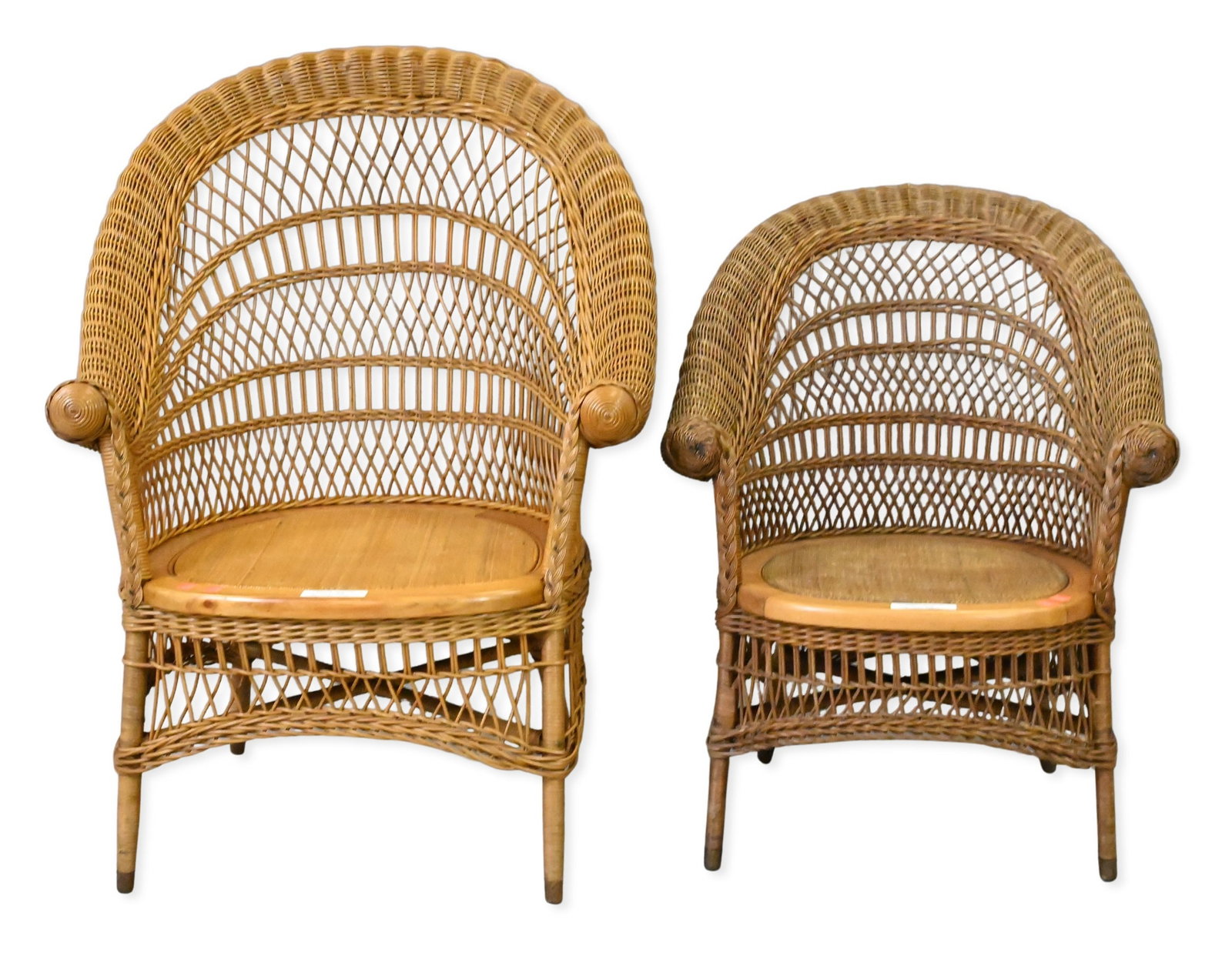 Heywood Wakefield Two Natural Wicker Armchairs: Heywood Wakefield Two Natural Wicker Armchairs early 20th century height 32 inches and 39 inches, width 23 1/2 inches and 27 inches