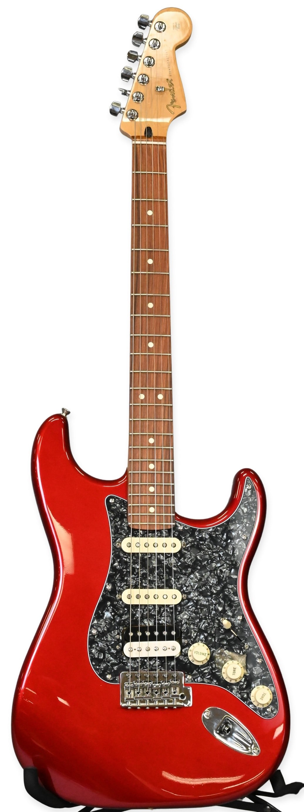 2023 Fender Stratocaster Electric Guitar: 2023 Fender Stratocaster Electric Guitar original contour body, candy apple red, serial # MX23045611, with Cahaya soft case