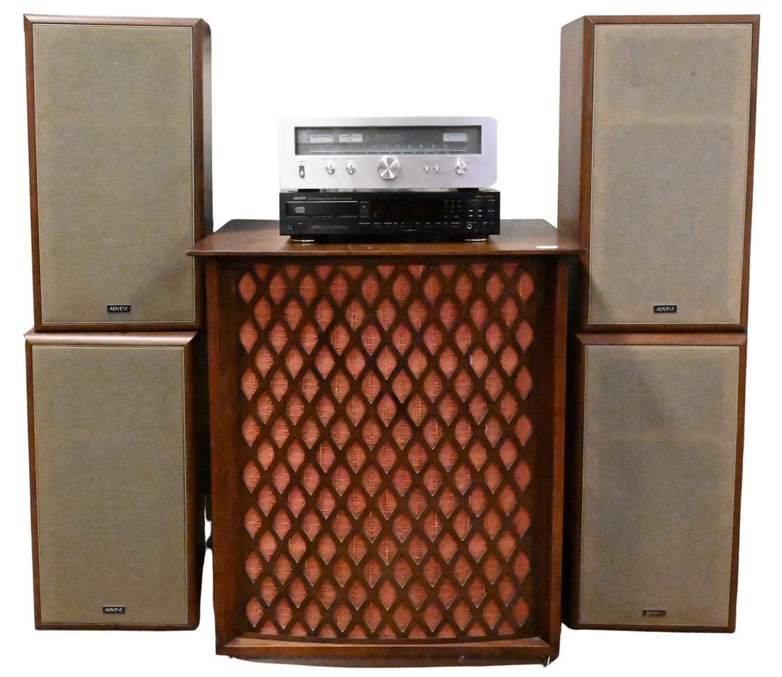 Audio and Stereo Equipment: Audio and Stereo Equipment to include a set of four advent 5002 speakers, a large Altec speaker along with a Denon DCD-1500 II and a Kenwood Kt-8300 tallest 34 inches, top 21 1/2" x 30"