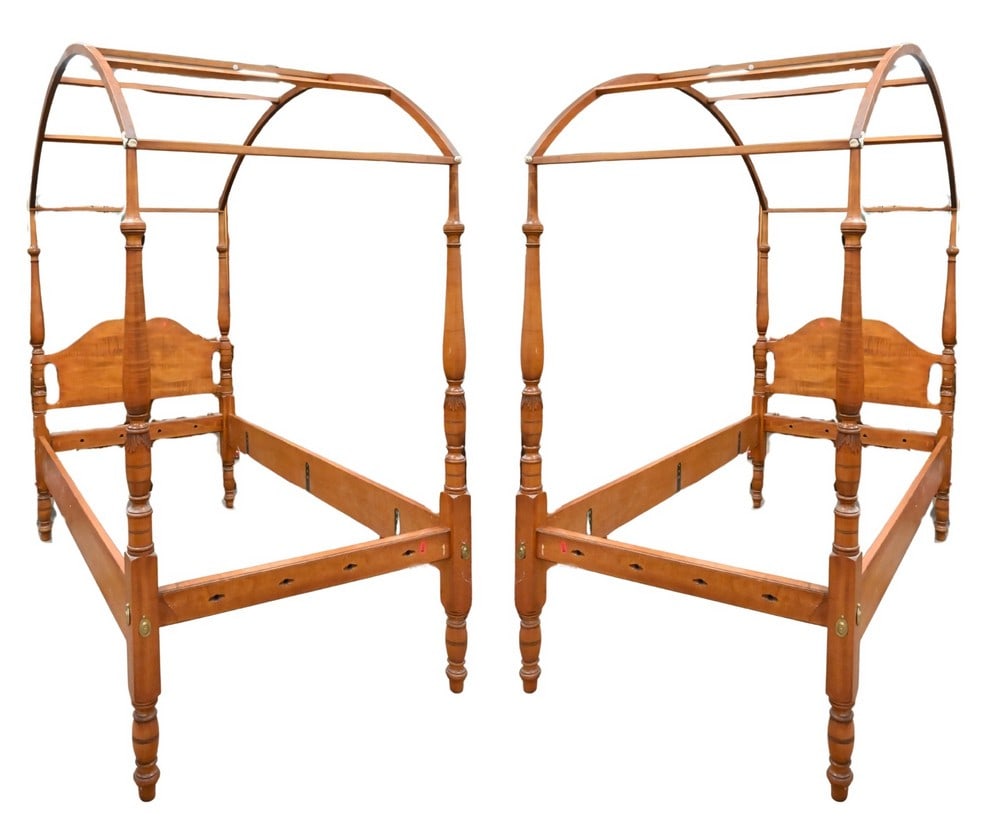 Pair of Leonard's Tiger Maple Twin Size Canopy Beds (1 of 7)
