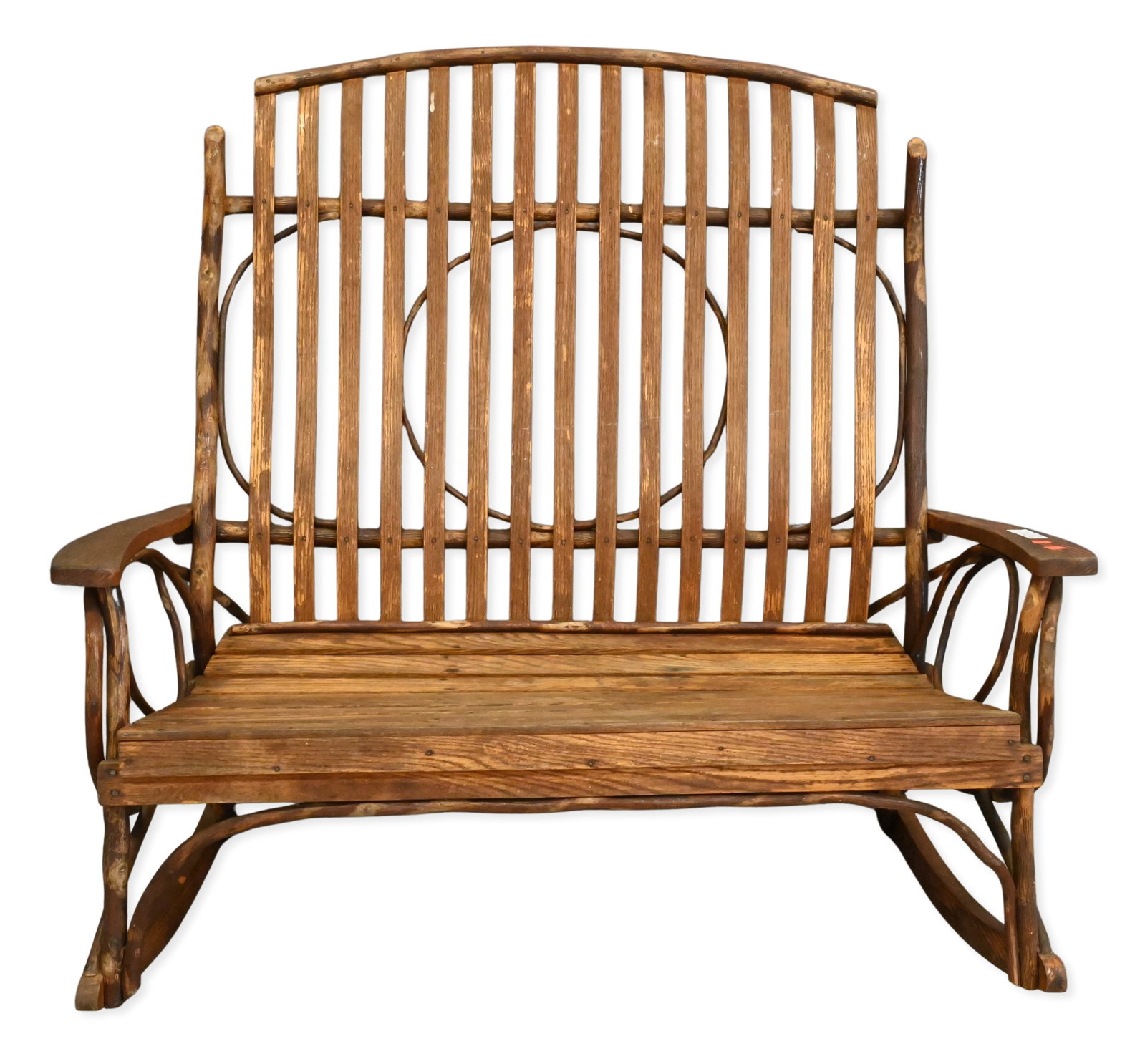 Signed Adirondack Amish Twig Double Rocker: Signed Adirondack Amish Twig Double Rocker signed and dated "Mahlon Byler 1989," having slatted seat and back within a rustic twig-form frame height 44 inches, length 46 inches