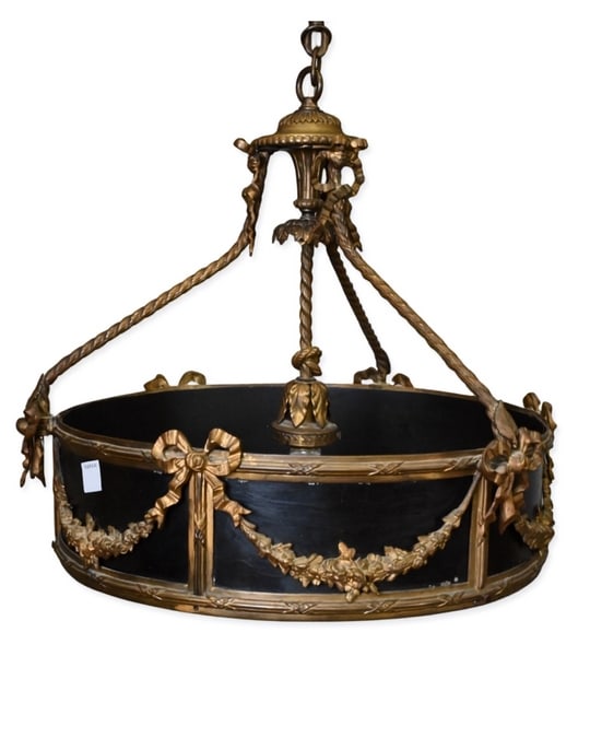 Louis XVI Circular Hanging Pendant Light: Louis XVI Circular Hanging Pendant Light cut glass shade suspended by twisted bronze-tone supports and decorated in ribbon bows, floral garlands, and foliate mounts height 22 inches, diameter 18