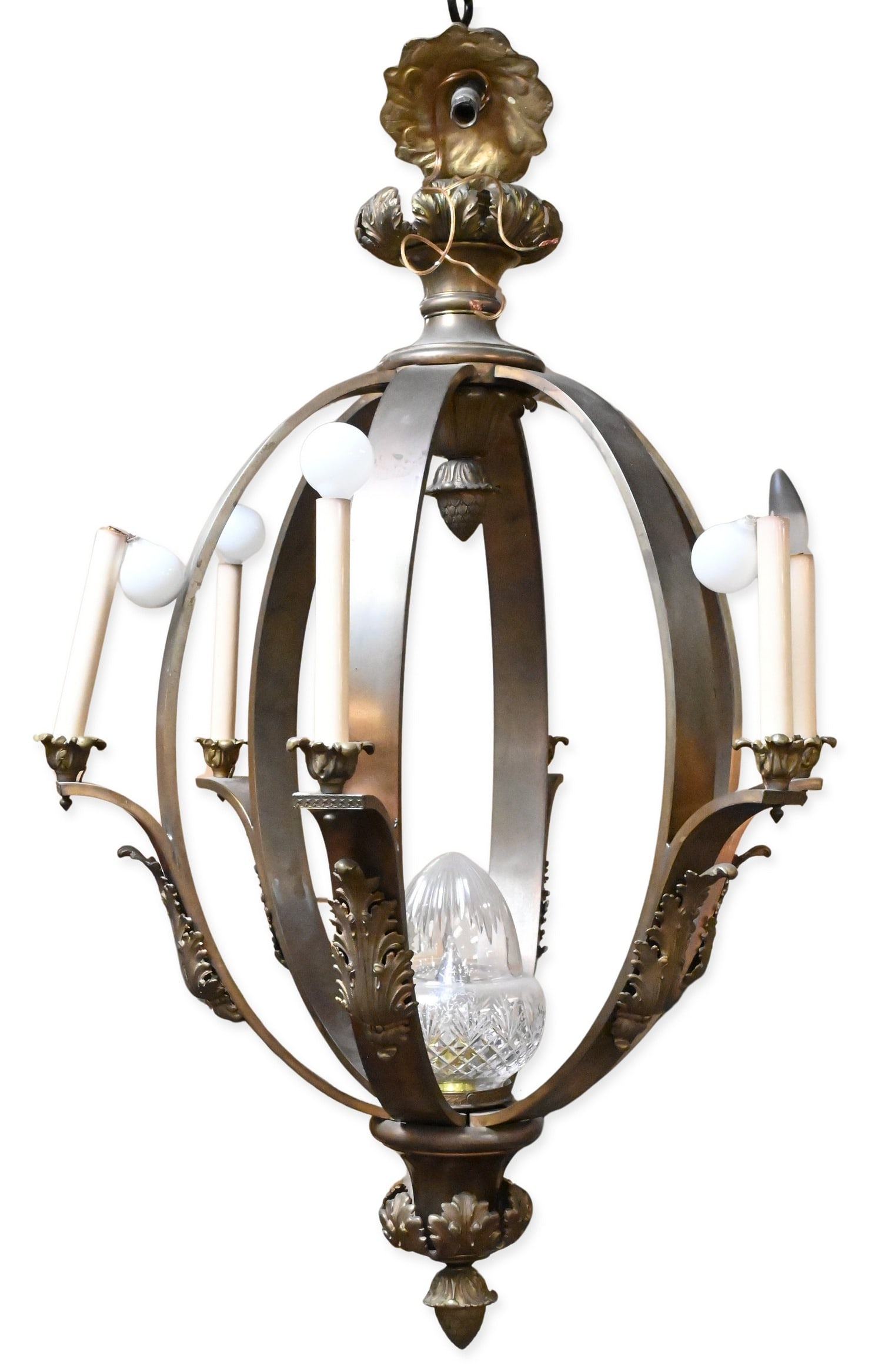Six-Light Spherical Iron Chandelier: Six-Light Spherical Iron Chandelier having candle-form sockets and a spherical iron frame formed by curved bands, Classical and Colonial Revival inspired design height approximately 35 inches