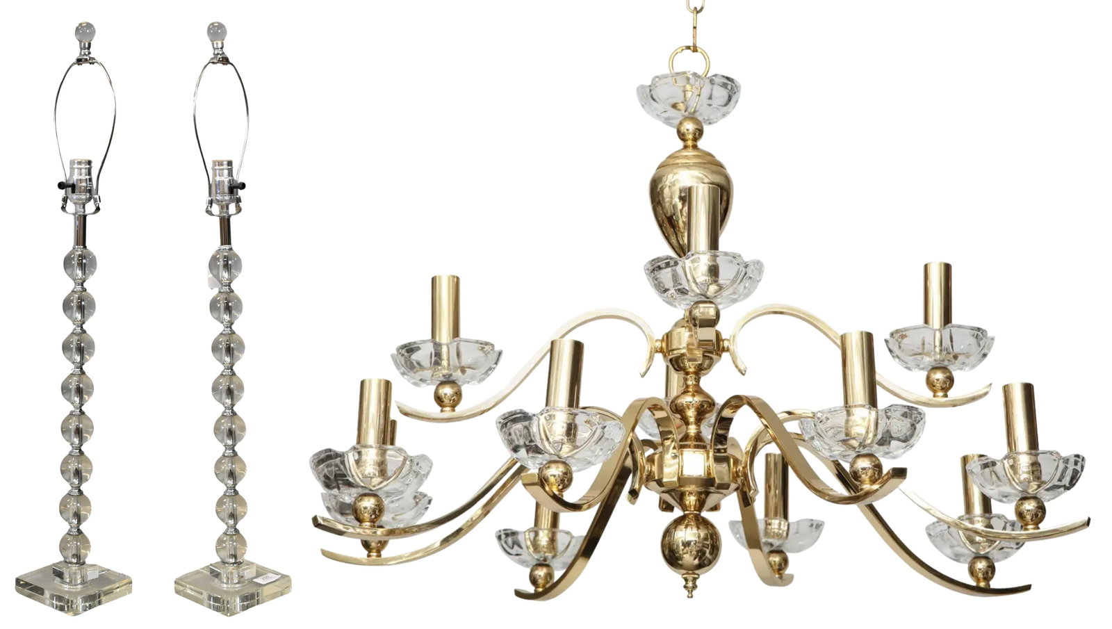 Brass and Crystal Twelve-Light Chandelier and Pair of Stacked Glass Ball Table Lamps: Brass and Crystal Twelve-Light Chandelier and Pair of Stacked Glass Ball Table Lamps having scrolling arms and faceted crystal bobeches, suspended from a chain support diameter 32 inches along with a 
