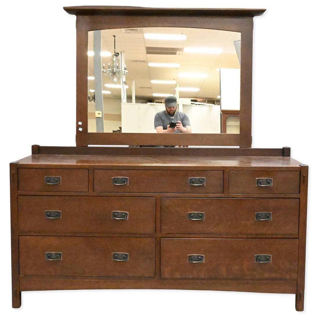 Stickley Mission Oak Style Double Chest and Mirror: Stickley Mission Oak Style Double Chest and Mirror mirror 35" x 50 3/4", chest height 35 1/2 inches, top 20" x 65 1/2"