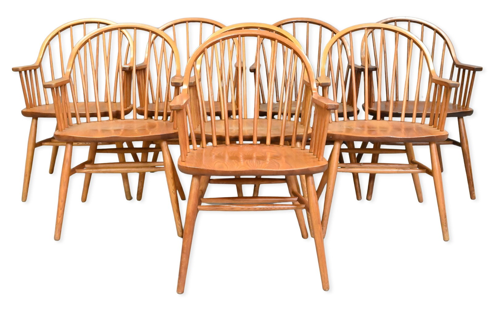 Set of Eight Nichols and Stone Oak Windsor Style Armchairs: Set of Eight Nichols and Stone Oak Windsor Style Armchairs height 33 1/2 inches, width 21 1/2 inches, depth 21 inches