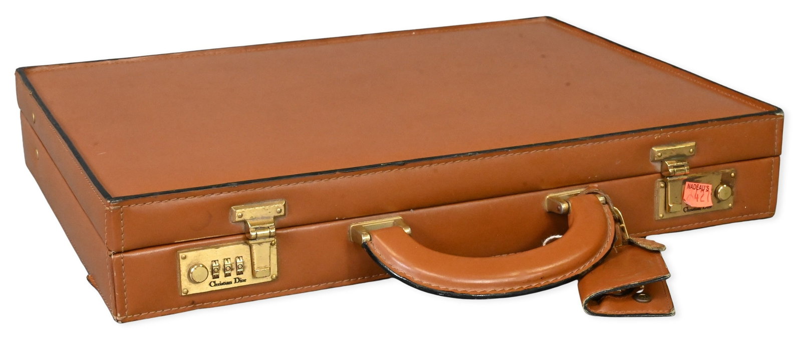 Christian Dior Leather Attache Case: Christian Dior Leather Attache Case Brown leather briefcase having combination locks, leather handle, and original Christian Dior luggage tag. Interior fitted for documents and business accessories