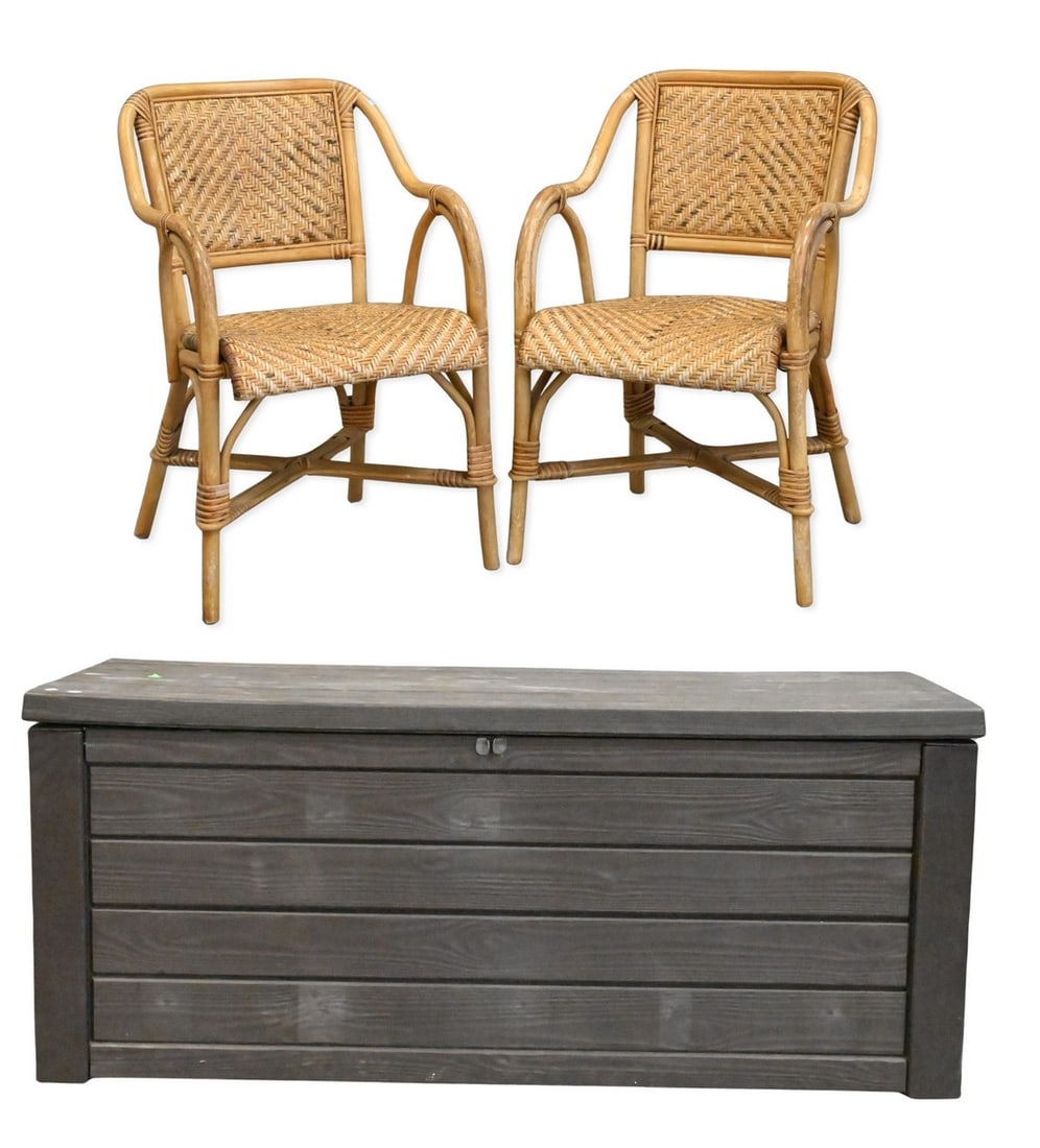 Outdoor Lift Top Chest and a Pair of Wicker Chairs: Outdoor Lift Top Chest and a Pair of Wicker Chairs with some outdoor furniture coverings height 26 inches, top 28" x 61 1/2"