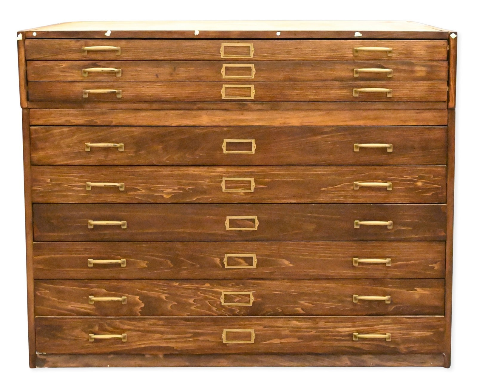 Two Part Railroad Map Cabinet: Two Part Railroad Map Cabinet having nine drawers fitted with brass pulls and label holders, designed for the storage of maps, plans, and railroad documents height 36 inches, width 45 inches, depth