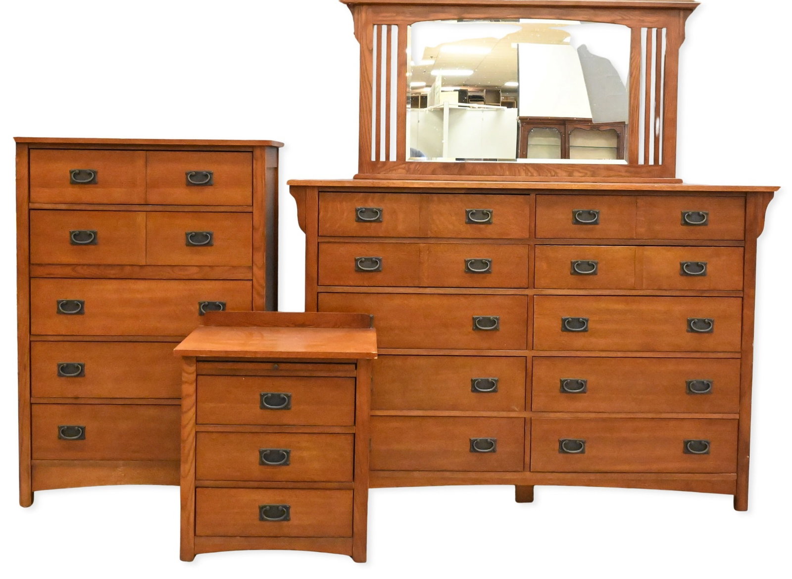 Four Piece Mission Oak Style Bedroom Set by Bassett: Four Piece Mission Oak Style Bedroom Set by Bassett to include triple chest, mirror, tall chest and night table height 46 inches and 28 inches, width 68 inches and 24 inches