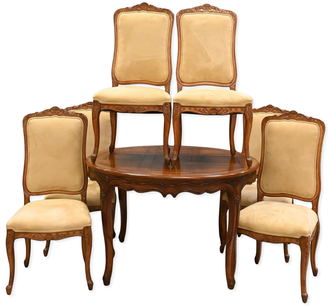 Lewis Mittman Louis XV Style Round Dining Table and Six Chairs: Lewis Mittman Louis XV Style Round Dining Table and Six Chairs having suede upholstery, small surface chips on table height 30 inches, diameter 48 inches, chair height 43 3/4 inches