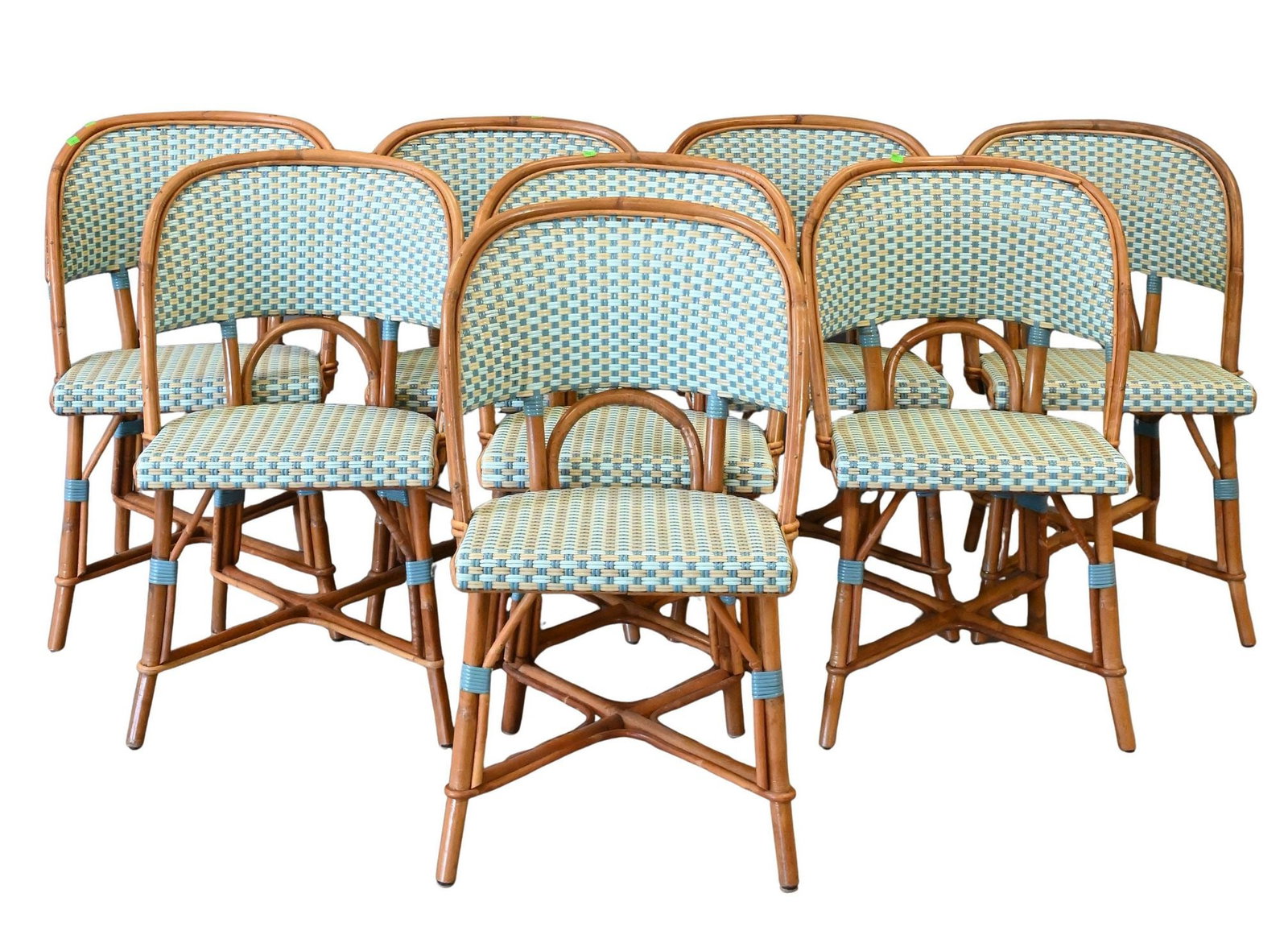 Set of Eight Bentwood and Rattan Bistro Style Dining Chairs: Set of Eight Bentwood and Rattan Bistro Style Dining Chairs each having a rounded crest rail, woven blue and cream synthetic cane seat and back, raised on tapering legs joined by stretchers height 33 