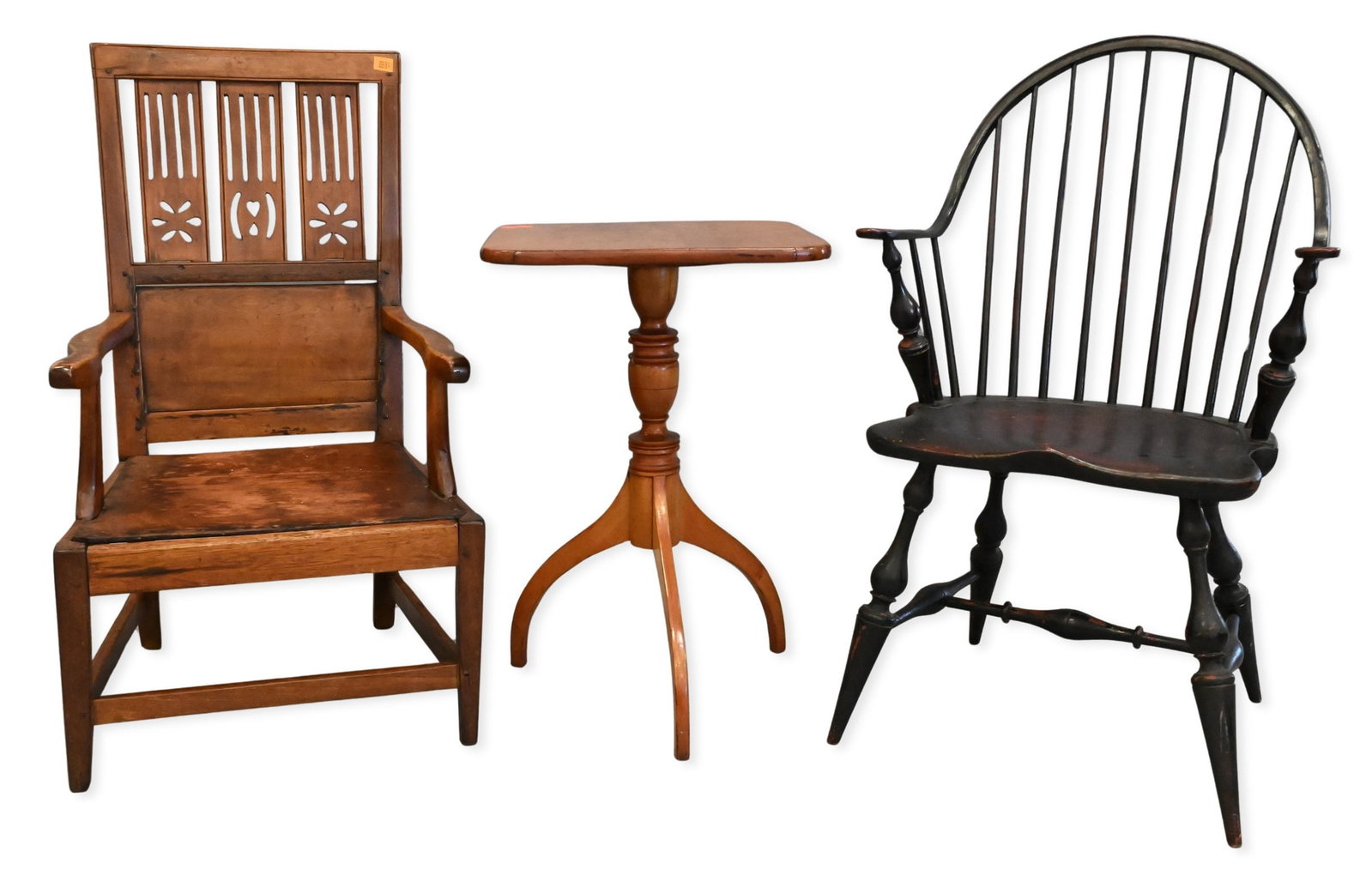 Three Piece Furniture Group: Three Piece Furniture Group to include federal cherry candle stand on tripod base circa 1800, benchmade reproduction Windsor armchair, and an Arts and Crafts style armchair height 27 1/4 inches, 38