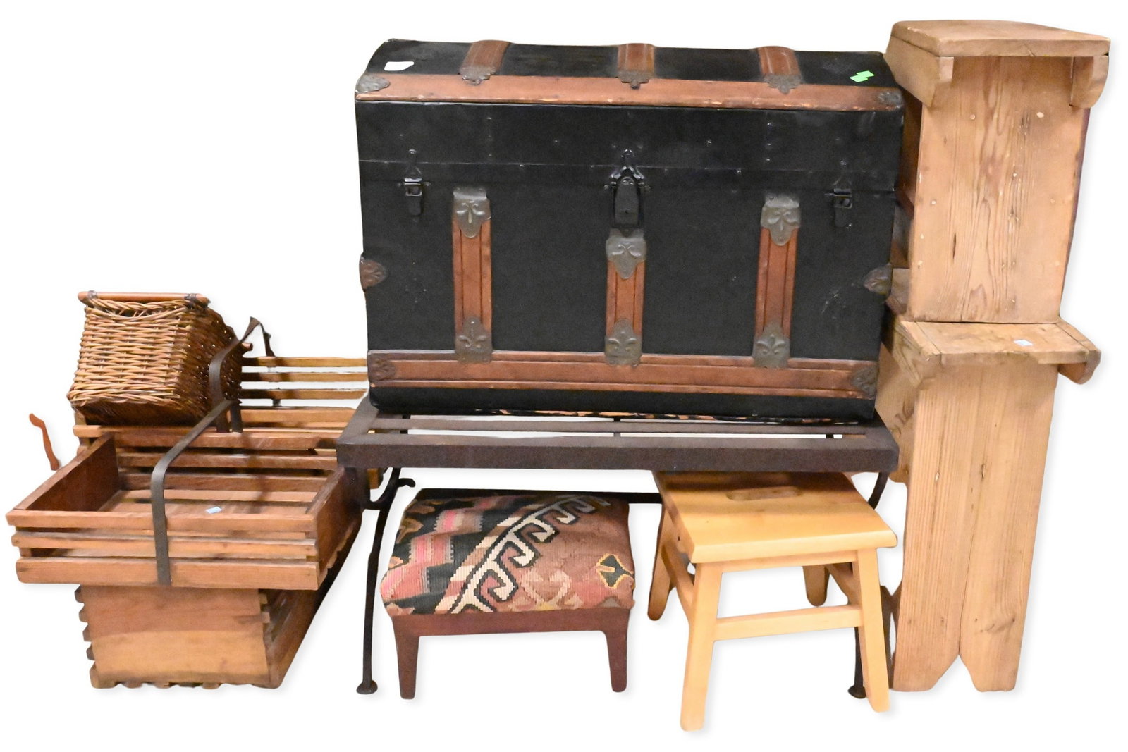 Decorative Group of Stools and Stands: Decorative Group of Stools and Stands to include Eastern Accents upholstered stool, wooden side tables and plant stands, iron side table, baskets along with, Victorian dome top steamer trunk tallest h