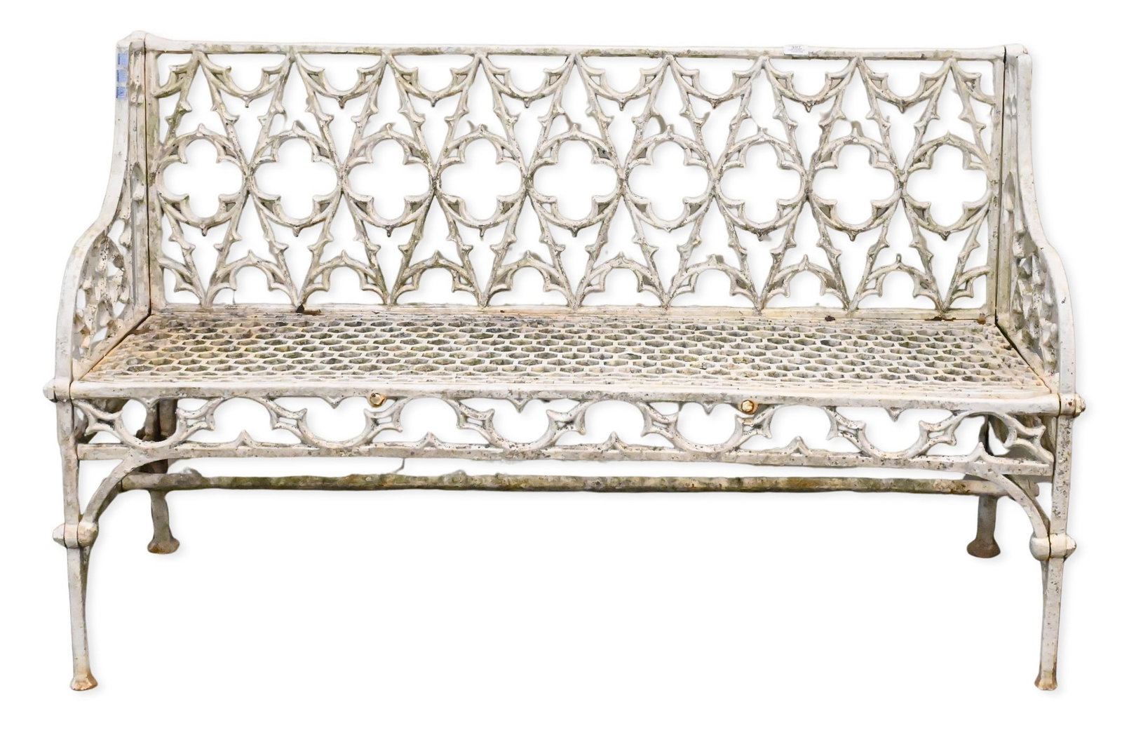 Iron Outdoor White Painted Bench: Iron Outdoor White Painted Bench gothic design height 33", length 55"