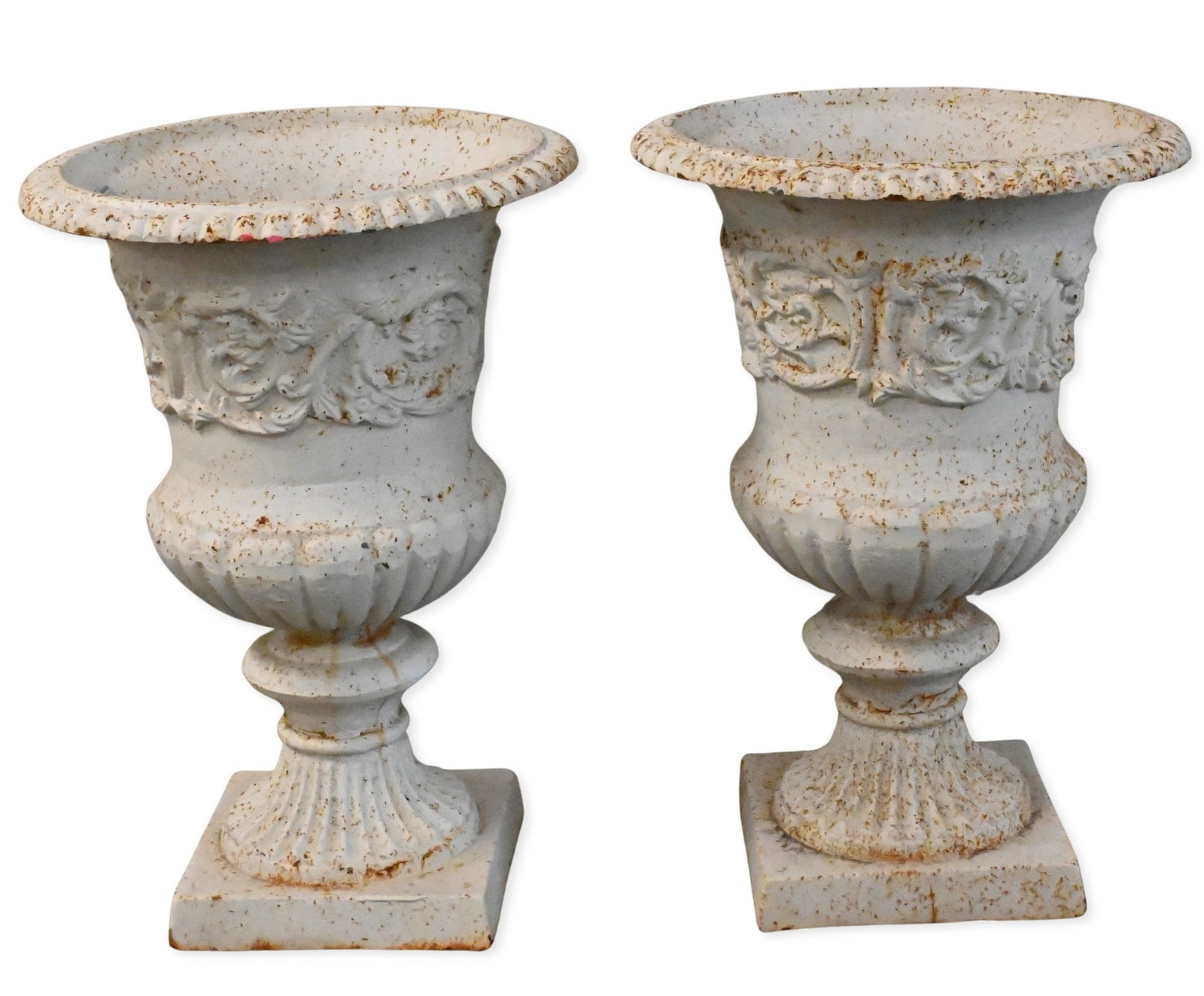 Pair of Iron White Painted Outdoor Urns: Pair of Iron White Painted Outdoor Urns on square bases height 24", diameter 17"