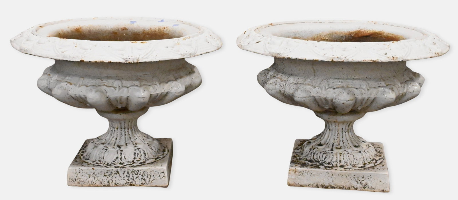 Pair White Painted Iron Outdoor Urns: Pair White Painted Iron Outdoor Urns on square bases height 16", diameter 23"