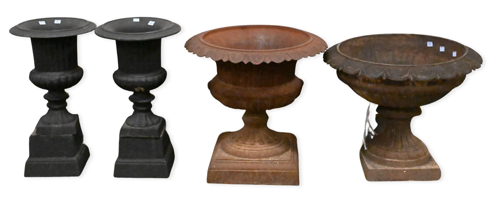 Four Iron Outdoor Urns: Four Iron Outdoor Urns two non-matching, each with broken rims height 19" and 17", diameter 19" and 21" along with Pair Small Iron Outdoor Urns height 20", diameter 11 1/2"
