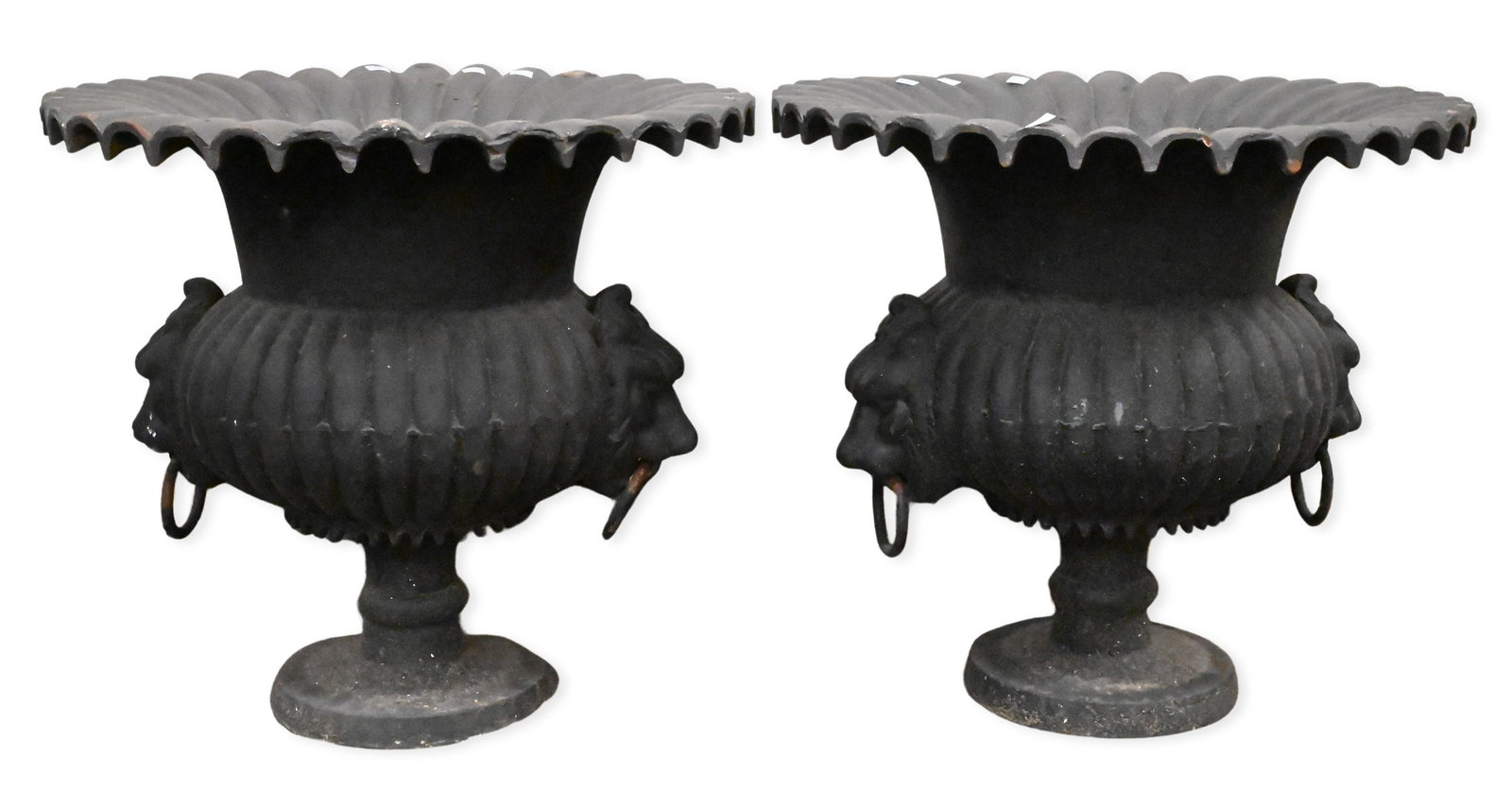 Pair of Iron Outdoor Urns: Pair of Iron Outdoor Urns having flared rims and lion mask handles height 20"