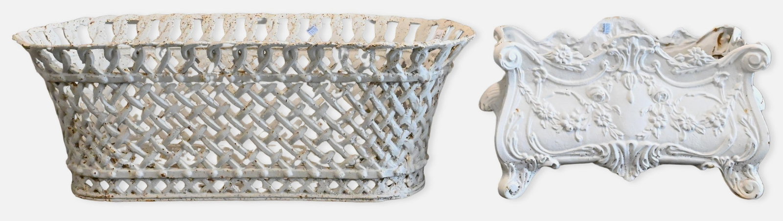 Two Piece Outdoor Lot: Two Piece Outdoor Lot to include oval basket weave planter and rectangular planter height 12" (larger one), top 14 1/2" x 33"