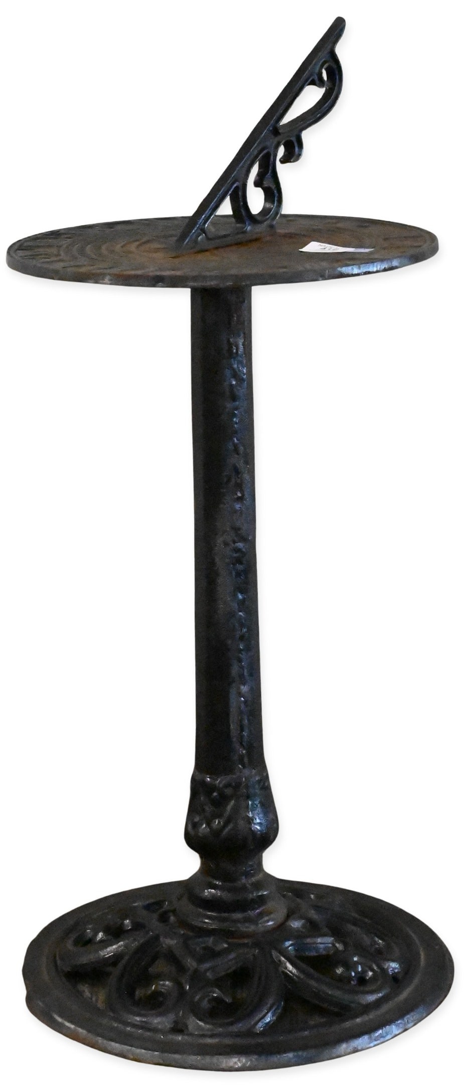 Iron Outdoor Sundial on Stand: Iron Outdoor Sundial on Stand featuring the months and days of the year and centered by eight point star height 31", diameter 14"