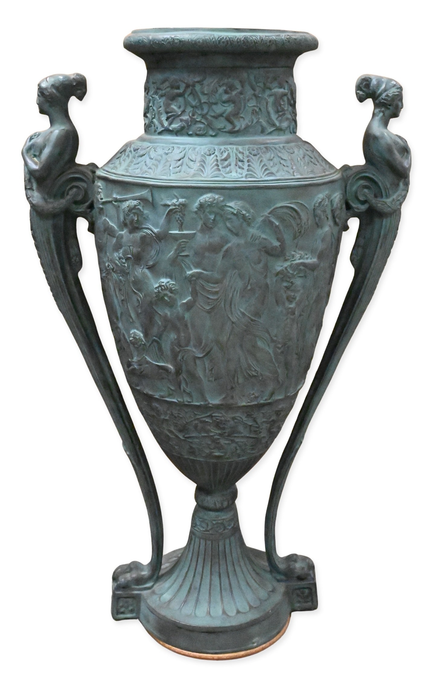 Monumental Grand Tour Style Composite Figural Urn: Monumental Grand Tour Style Composite Figural Urn after Leonard Morel-Ladeuil featuring classical procession reliefs and winged maiden handles, raised on a pedestal base in verdigris finish Height 47