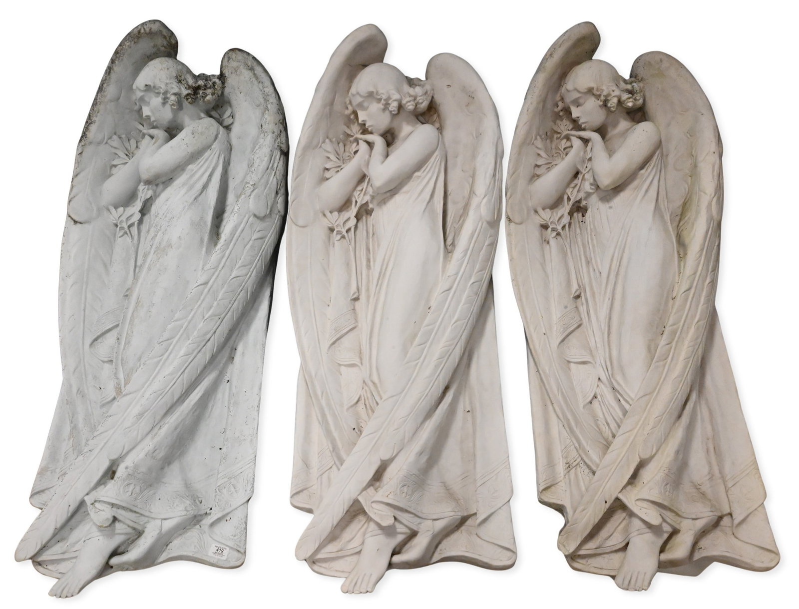Three Design Toscano Life-Size Angel Relief Panels: Three Design Toscano Life-Size Angel Relief Panels molded composite plaster figures depicting sleeping winged angels draped in flowing robes height 58 inches