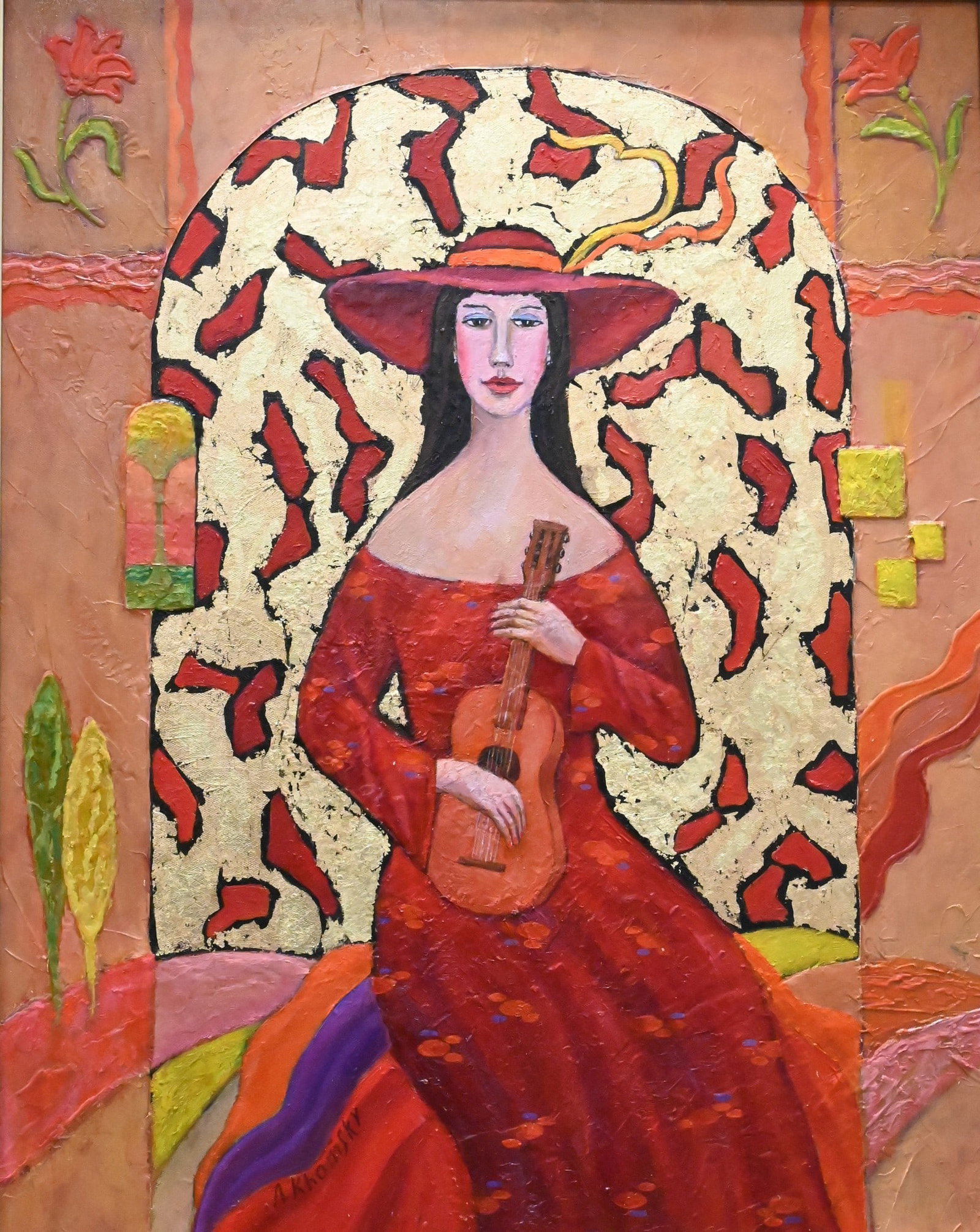 Alexander Khomsky (Russian B.1954): Alexander Khomsky (Russian B.1954) "Lady with Guitar" Oil on canvas Signed lower left A.Khomsky 30" x 24" Provenance: Kaminski Auctions, 2/08/2025, Lot 744 ($850) Arlington, Massachusetts collection