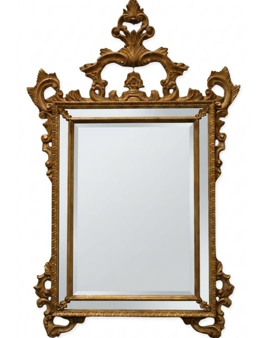 Louis J. Solomon Rococo Revival Style Giltwood Mirror: Louis J. Solomon Rococo Revival Style Giltwood Mirror having a rectangular beveled plate surmounted by pierced scrolling crest and foliate and plume motifs, flanked by carved scrollwork ornament, labe