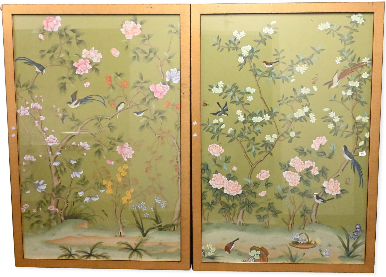 Pair of Chelsea House Green Chinoiserie Edgedale Panels: Pair of Chelsea House Green Chinoiserie Edgedale Panels depicting birds and flowering branches on an olive green ground, each glazed and housed in gilt molded frames, 64 1/2" x 44" each frame