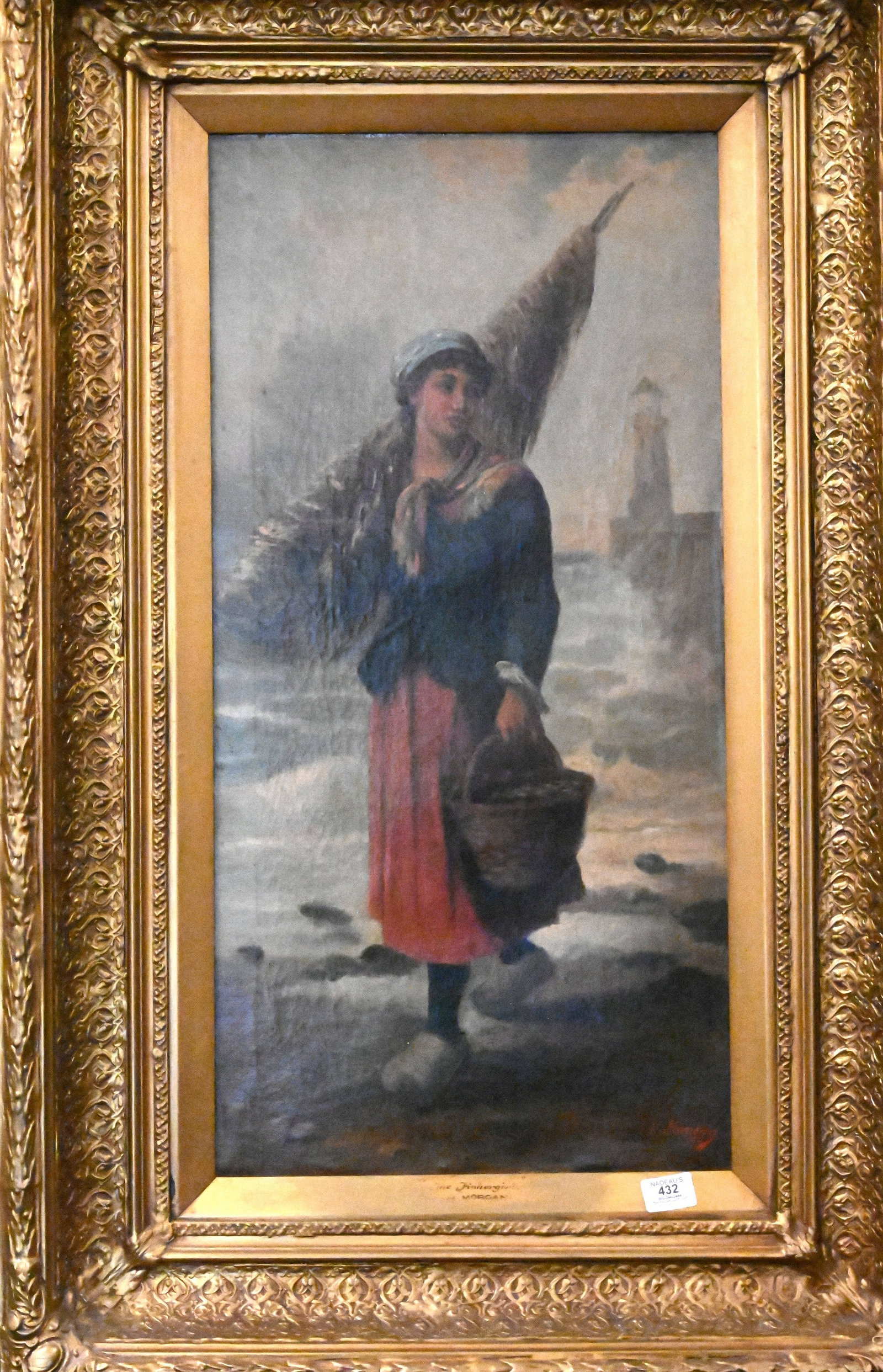 Continental School (19th Century): Continental School (19th Century) "The Fisher Girl" Oil on canvas, depicting a Dutch fisher girl wearing wooden clogs and carrying reeds and a basket along a stormy shoreline, lighthouse in the