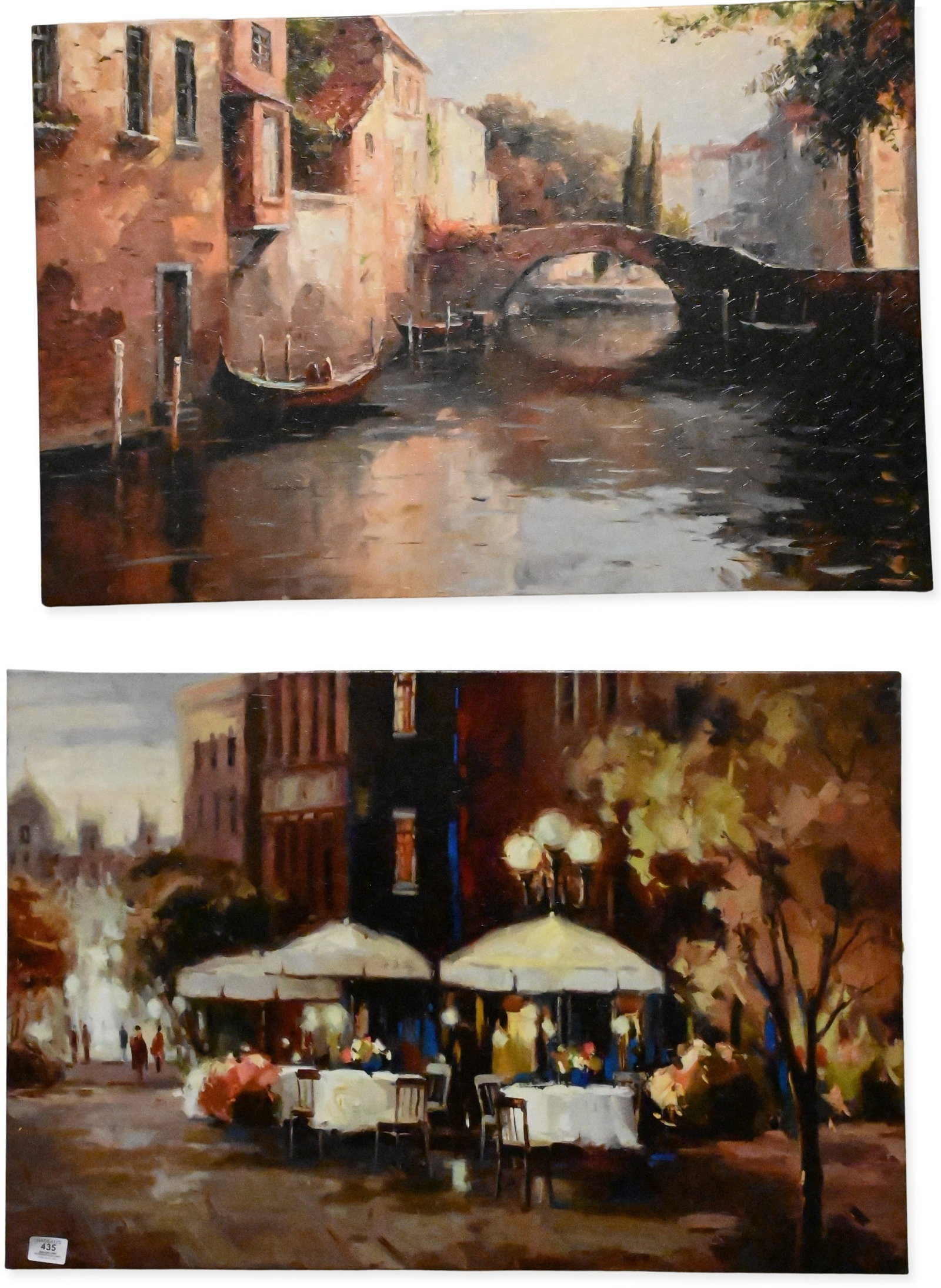 Three Decorative European Style Canvas Wall Hangings: Three Decorative European Style Canvas Wall Hangings including an outdoor café, Venetian canal, and flowering arched passageway, Lithographs on canvas rendered in an impressionistic decorative style 