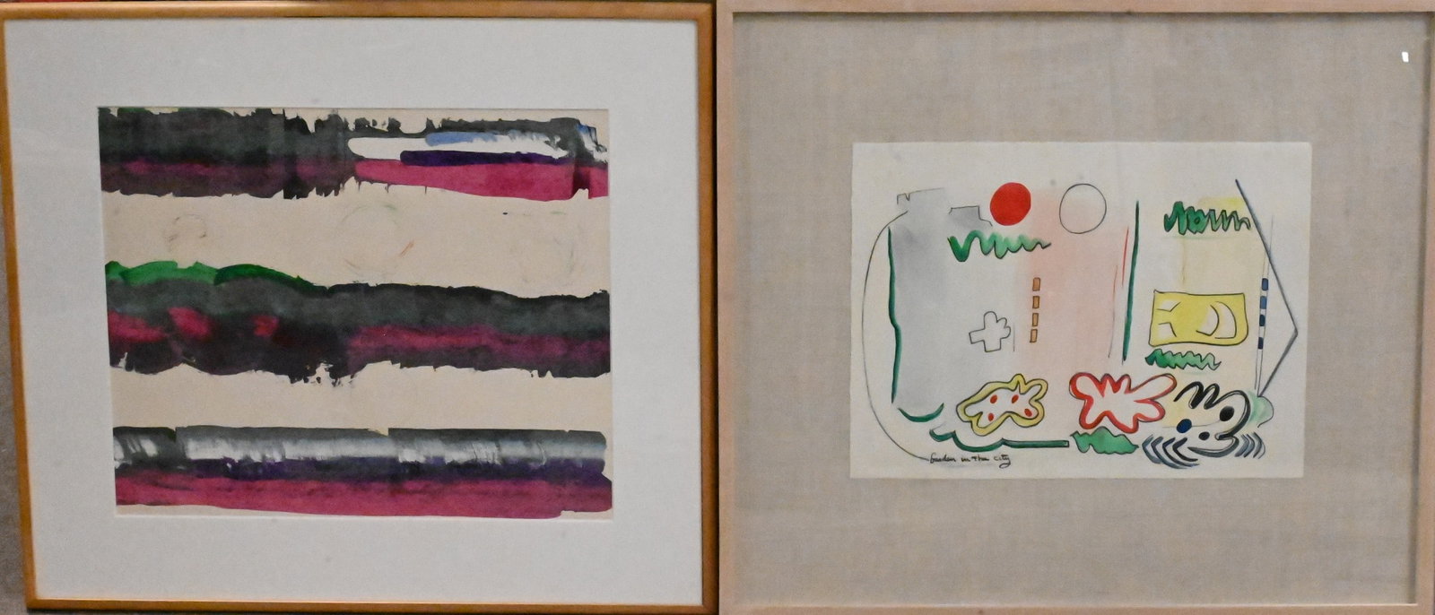 Four Piece Framed Abstract Mixed Media Group: Four Piece Framed Abstract Mixed Media Group to include Sheldon Horton (20th Century) "Garden in the City" Mixed media, watercolor, pencil on paper Signed lower left 20 1/2" x 23 1/2" frame Danielle D