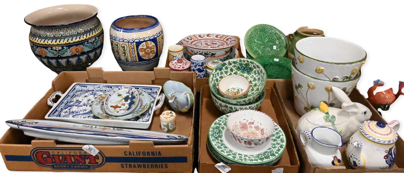 Five Box Lots of Italian Majolica Dinnerware: Five Box Lots of Italian Majolica Dinnerware to include two box lots of of Grazia Deruta bowls, sugars, plates along with covered rabbit form jar, two cache pots or planters with flower design, ten ca