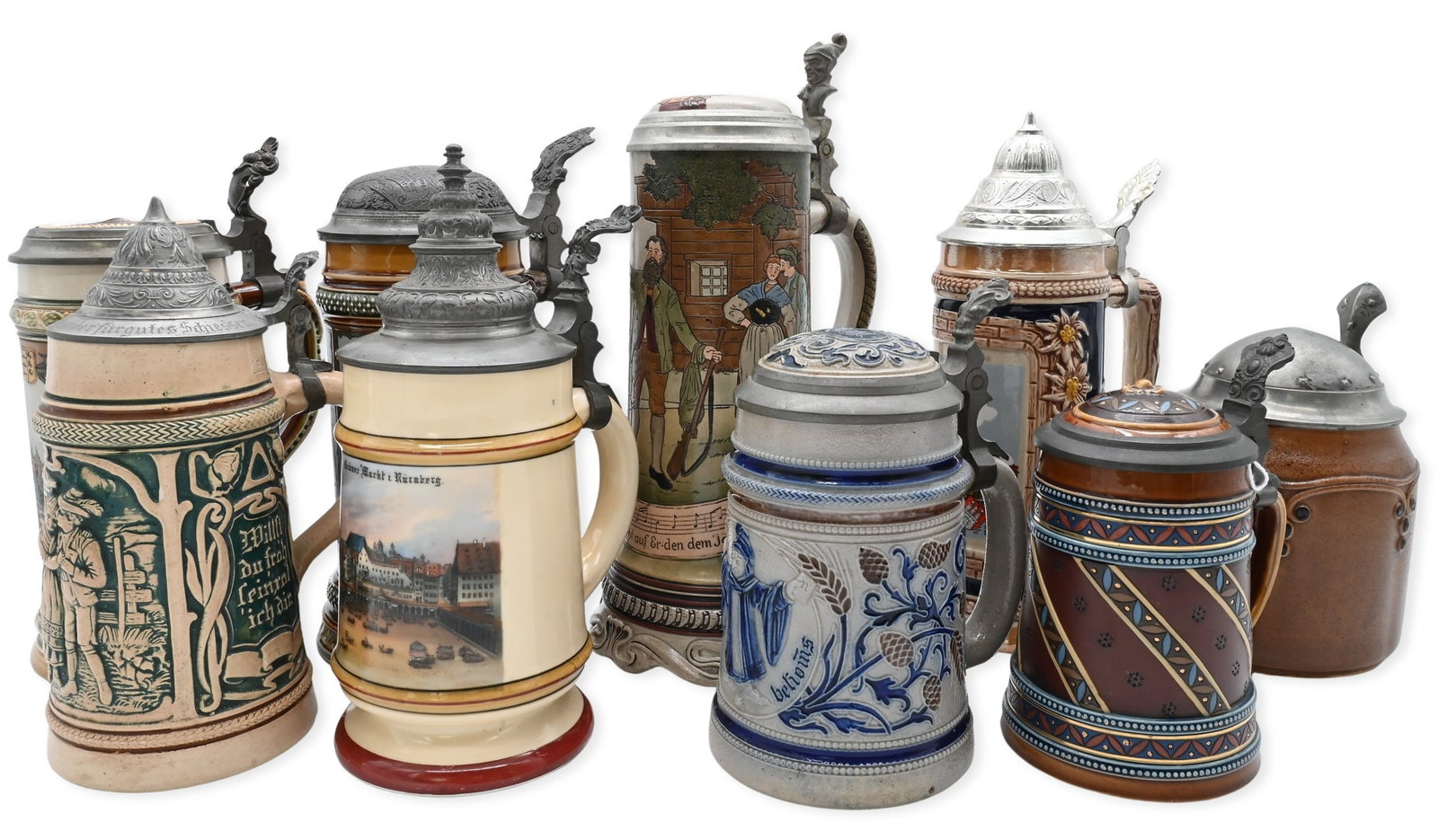 Collection of Nine Mettlach and Other German Beer Steins: Collection of Nine Mettlach and Other German Beer Steins ceramic beer steins featuring pewter-mounted lids, Mettlach Villeroy & Boch steins no. 1695 "Hunters", circa 1887, no. 1863 “Castle Square in
