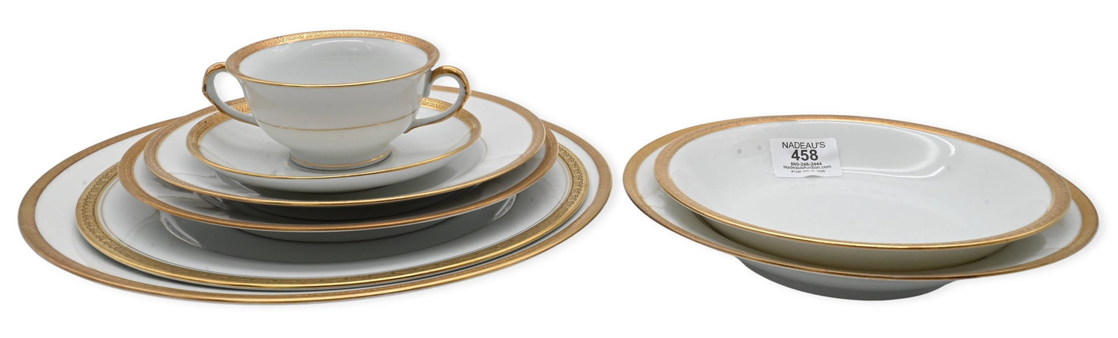 53 Piece Assembled Victoria Czech Gilt Encrusted Porcelain Dinner Set: 53 Piece Assembled Victoria Czech Gilt Encrusted Porcelain Dinner Set to include 5 double handled soups, 6 saucers, 6 shallow bowls, 6 soup bowls, 8 bread and butter plates, 6 salads, 8 luncheons, 6 d
