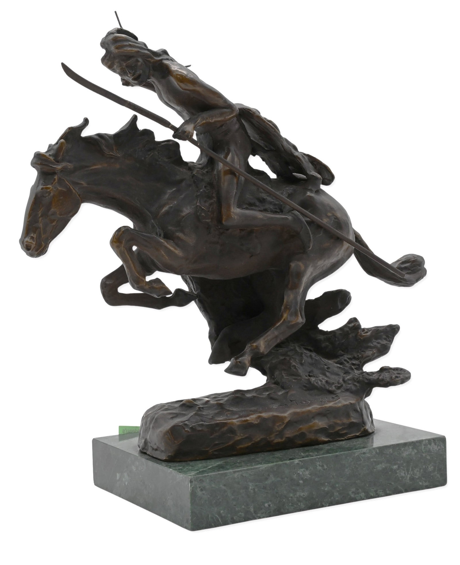 After Frederic Remington (American 1861-1909): After Frederic Remington (American 1861-1909) "The Cheyenne" Bronze on green marble base depicting a Native American rider urging his horse through rugged terrain Signed Frederic Remington Height 11 i