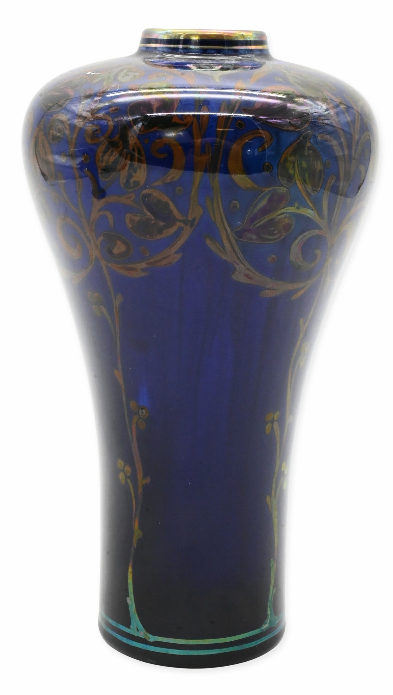 Gordon Forsyth (British, 1879–1952) for Pilkington Royal Lancastrian Art Nouveau Lustre Vase: Gordon Forsyth (British, 1879–1952) for Pilkington Royal Lancastrian Art Nouveau Lustre Vase Cobalt blue vase of baluster form, decorated in gilt scrolling foliate and berry motifs, impressed P fact